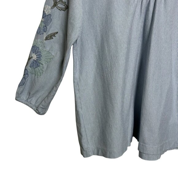 J. Jill Blue Striped Floral Embroidered Top Sz Small Cotton Coastal 3/4 Sleeve - Picture 4 of 11
